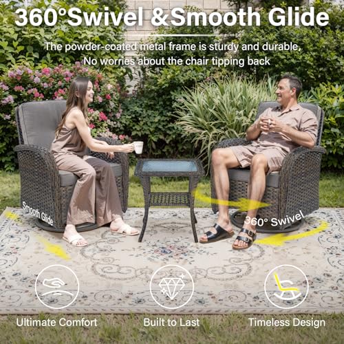 Patio Wicker Chairs Swivel Rocker – Outdoor Swivel Rocking Chairs Set of 2 with Rattan Side Table, Patio Swivel Glider Chair 3 Piece Patio Furniture Sets for Deck Porch Pool Brown/Blue - Image 26