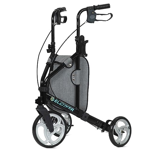 ELENKER 3 Wheel Walkers for Seniors, 3 Wheeled Rollator with 10?? Wheels, Narrow Walkers for Small Spaces, Compact Folding, Ideal for Traveling, Blue