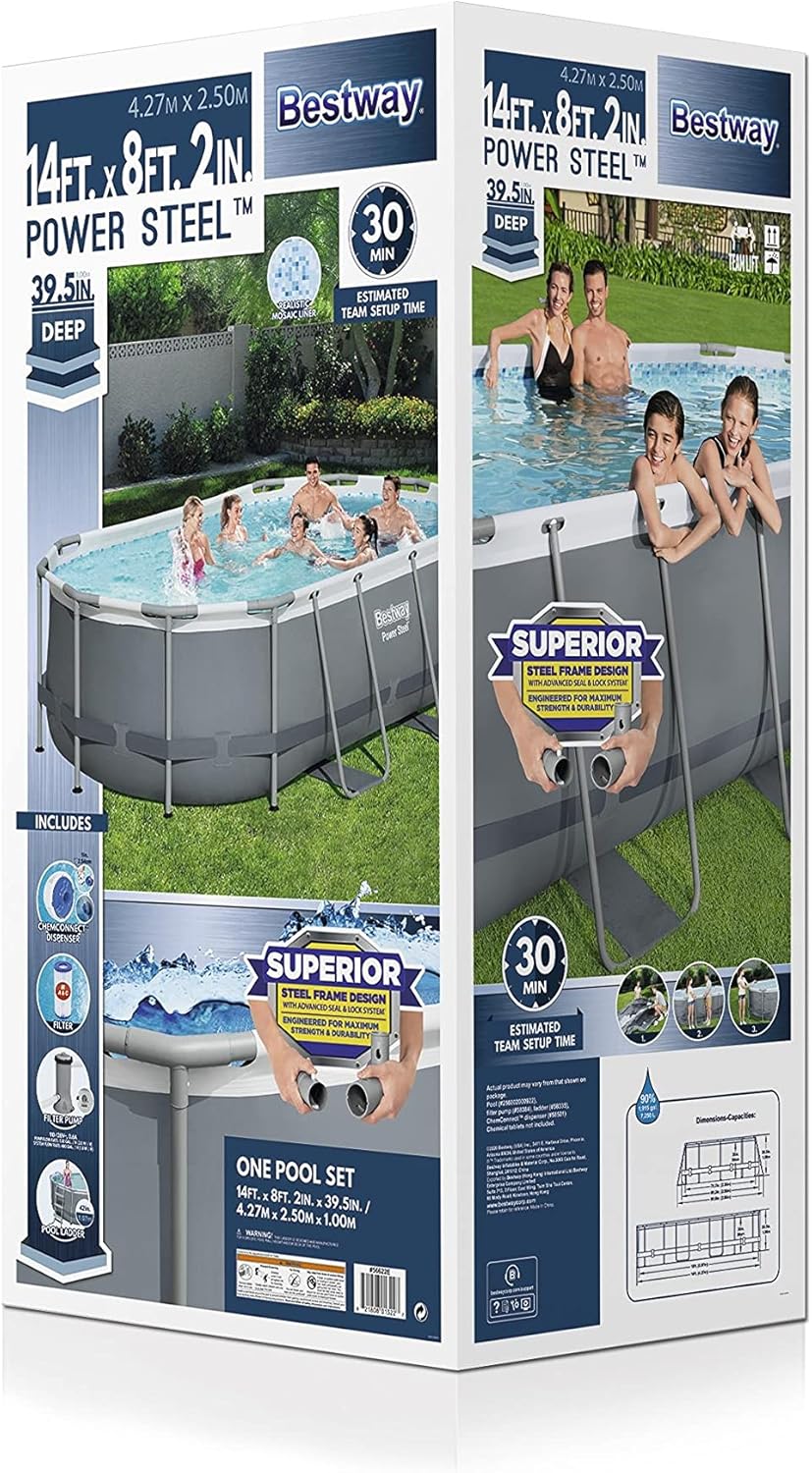 Bestway 56655E Power Steel 16ft x 10ft x 42in Outdoor Oval Frame Above Ground Swimming Pool Set with 1000 GPH Cartridge Filter Pump, Ladder, and Cover - Image 14